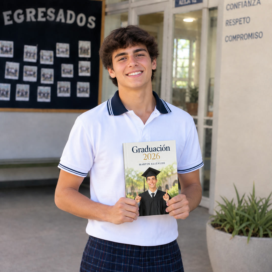 Egresado con su libro de graduación 2026 frente a su colegio