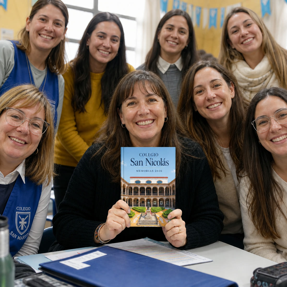 Docentes del Colegio San Nicolás con el libro institucional Memorias 2026