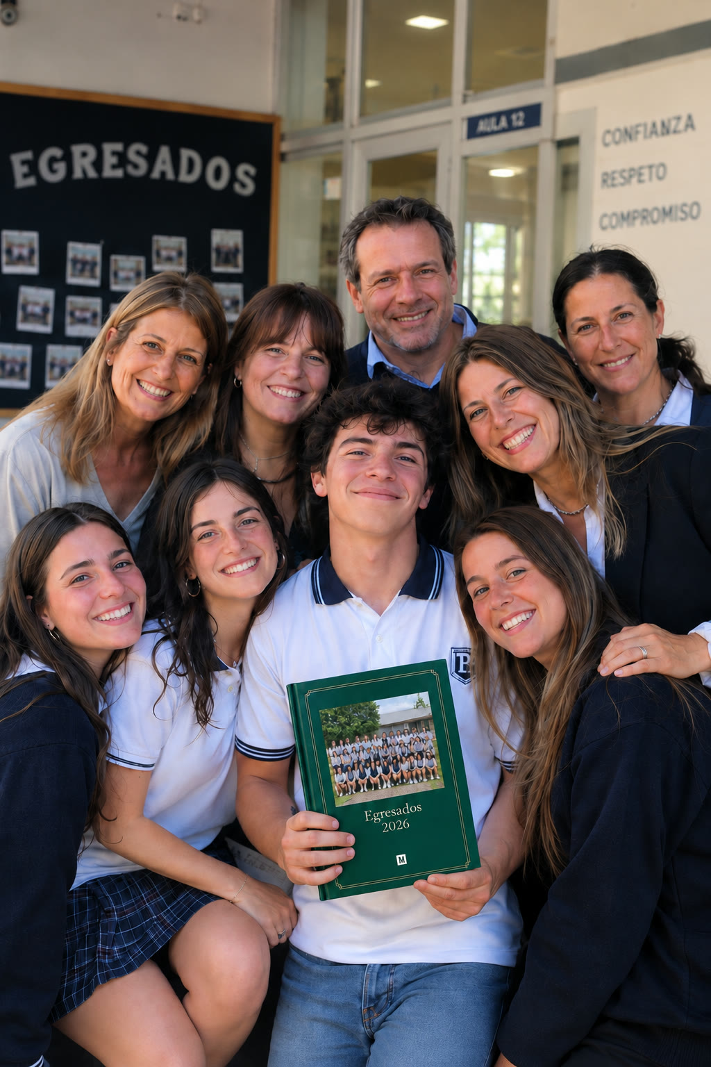 Egresado con su libro MILA junto a su familia y compañeras, en el colegio